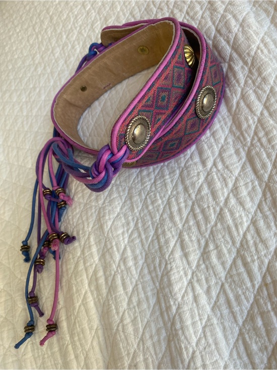 Ginnie Johansen Inc. Accessories - Boho Concho Purple Blue Woven Tapestry Belt Tassels Bead VTG Festival Western M